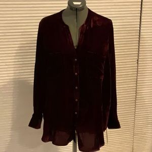 Democracy Velvet Burgundy wine dress shirt. V neck. Split tail. Button cuffs.